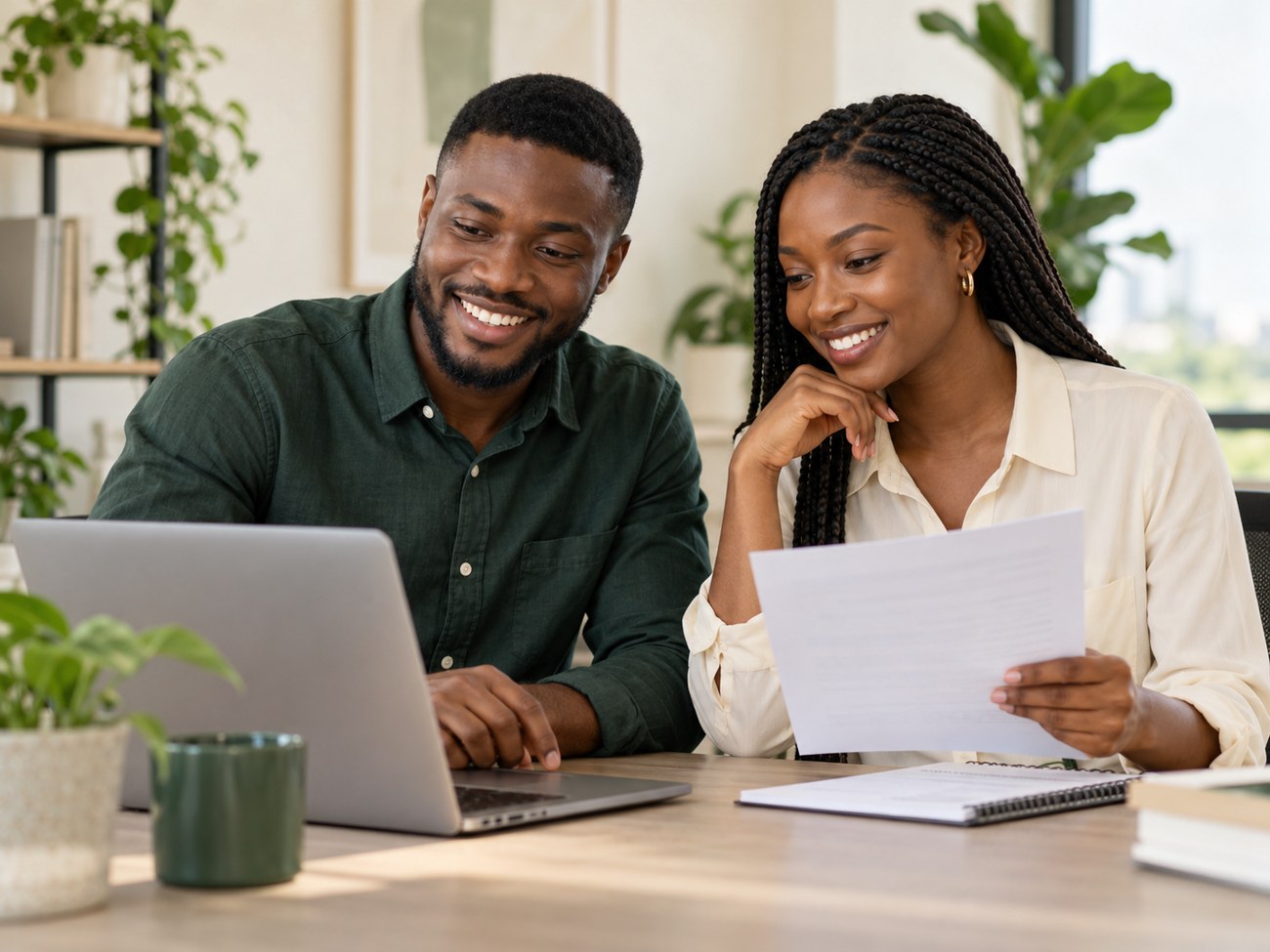 A man and woman reviewing job opportunities and a CV together